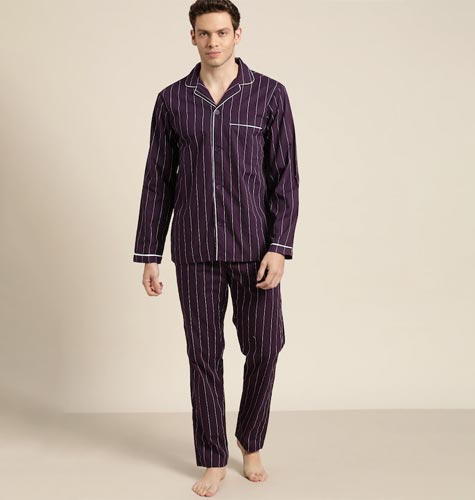 Men Purple Pure Cotton Striped Pyjama Set